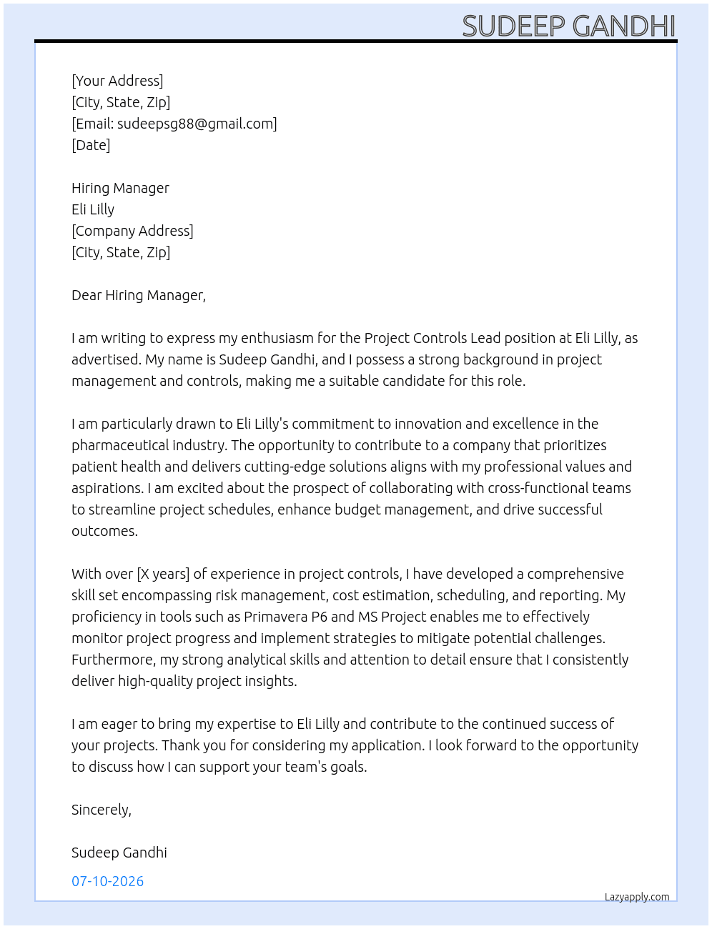 Cover letter for project controls lead - LazyApply