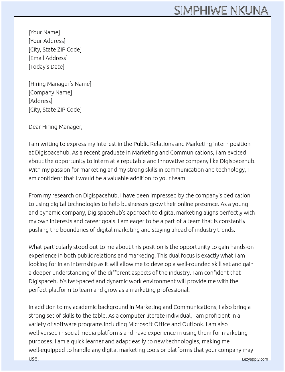 Public Relations and Marketing intern  At Digispacehub  Cover Letter