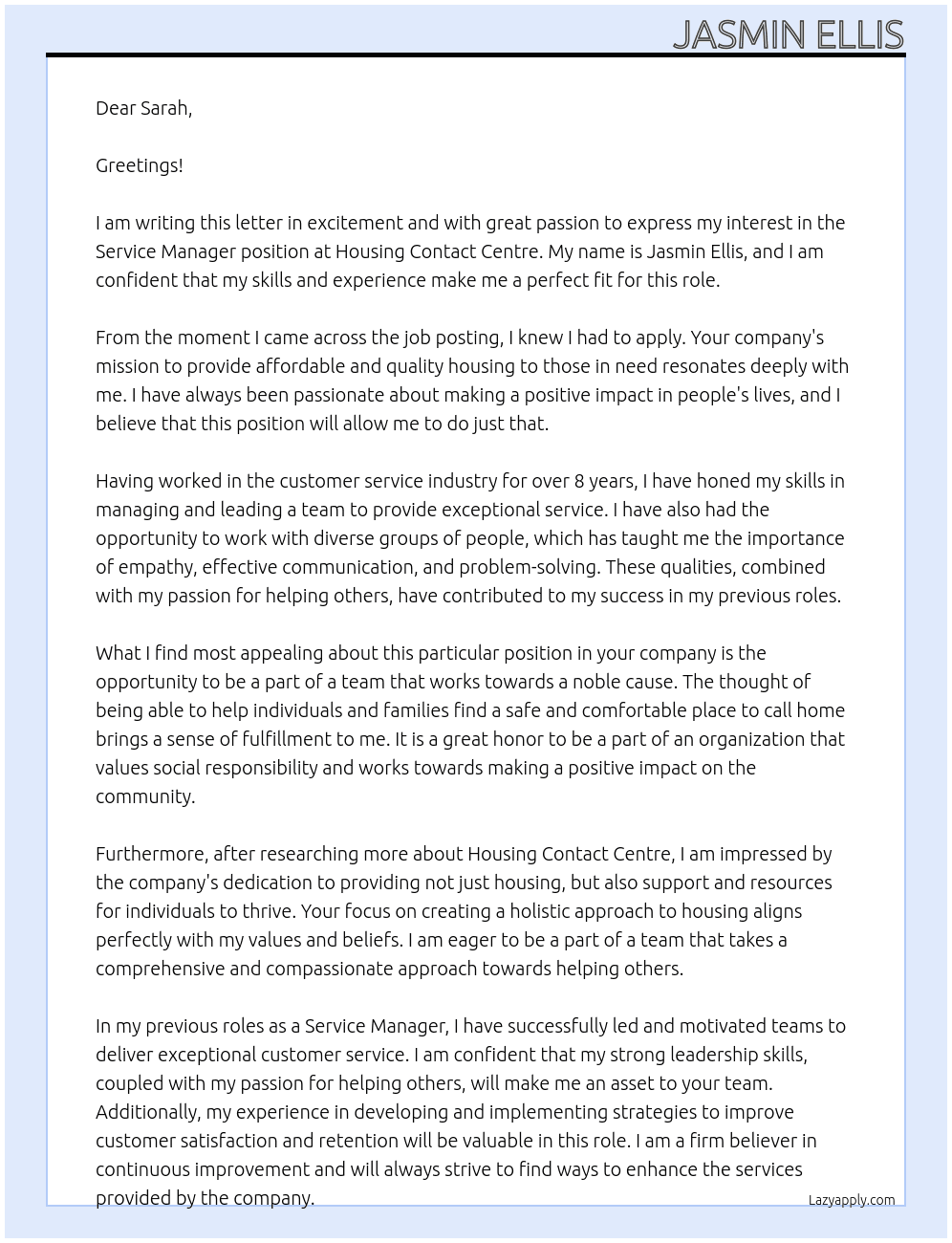 Service Manager At Housing Contact Centre Cover Letter