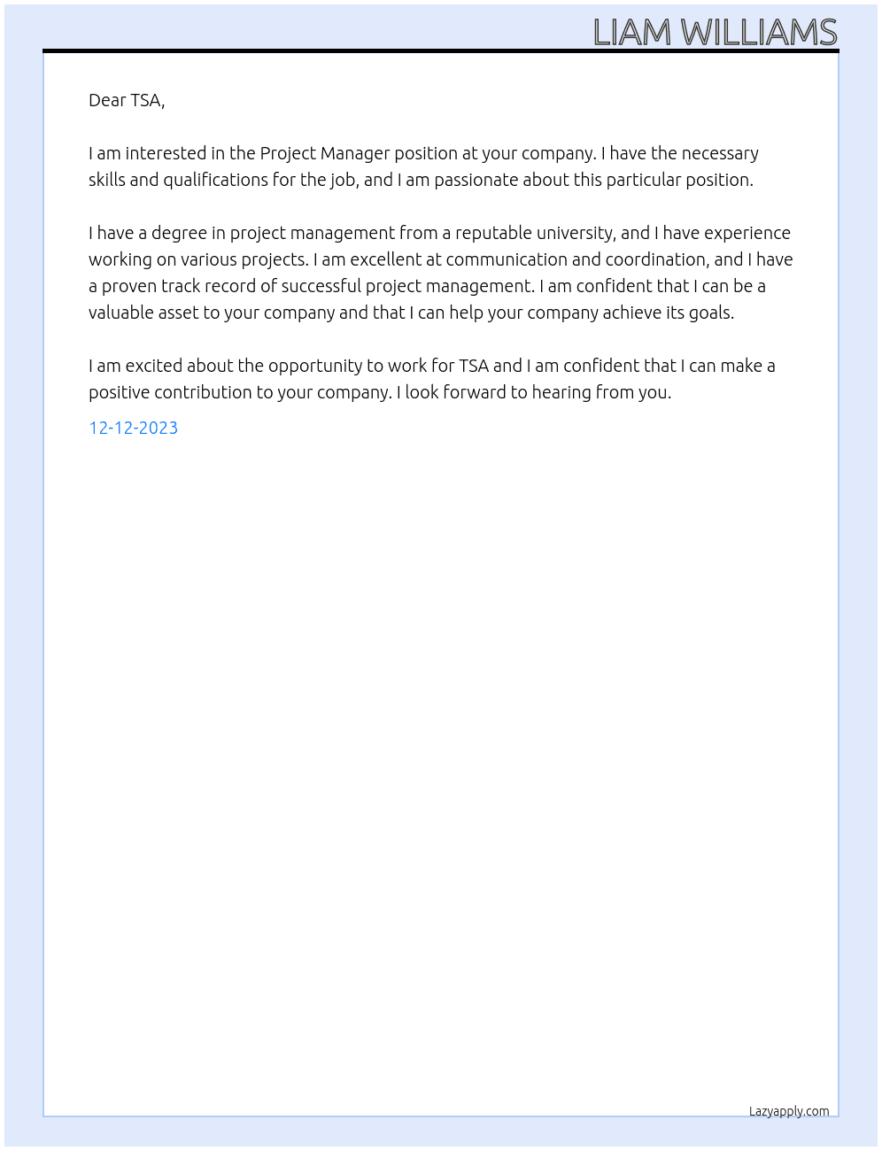 Project Manager At TSA Cover Letter