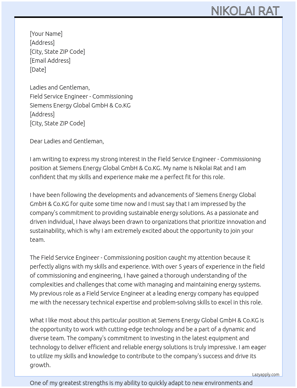 Field Service Engineer - Comissioning At Siemens Energy Global GmbH & Co.KG Cover Letter