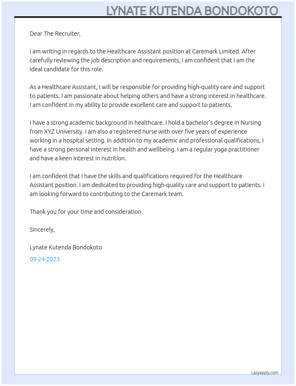 Healthcare Assistant  At Caremark Limited  Cover Letter