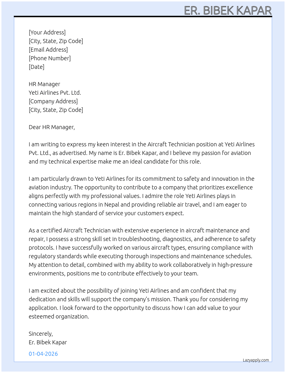 Cover letter for aircraft technician - LazyApply