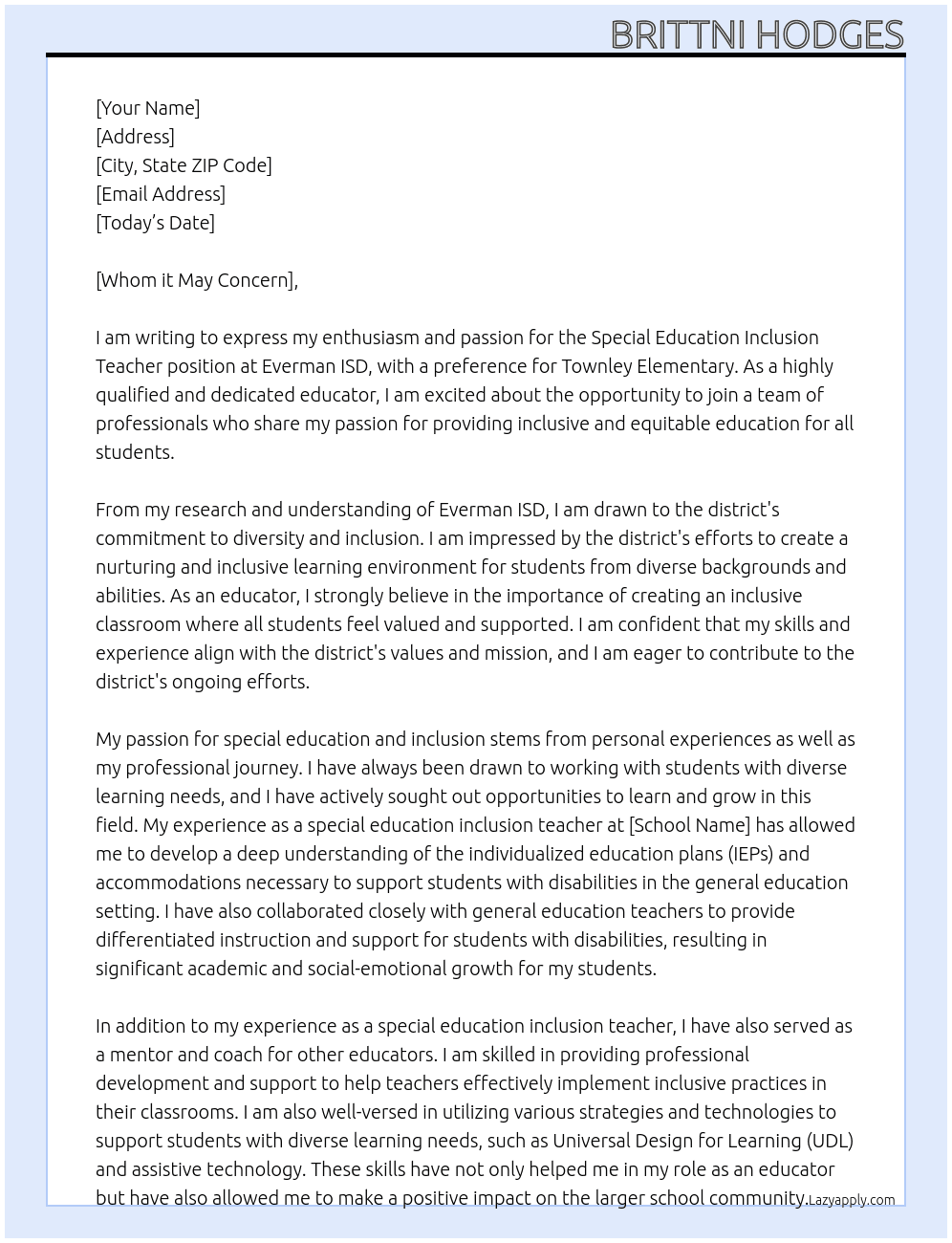 Special Education Inclusion Teacher At Everman ISD Cover Letter