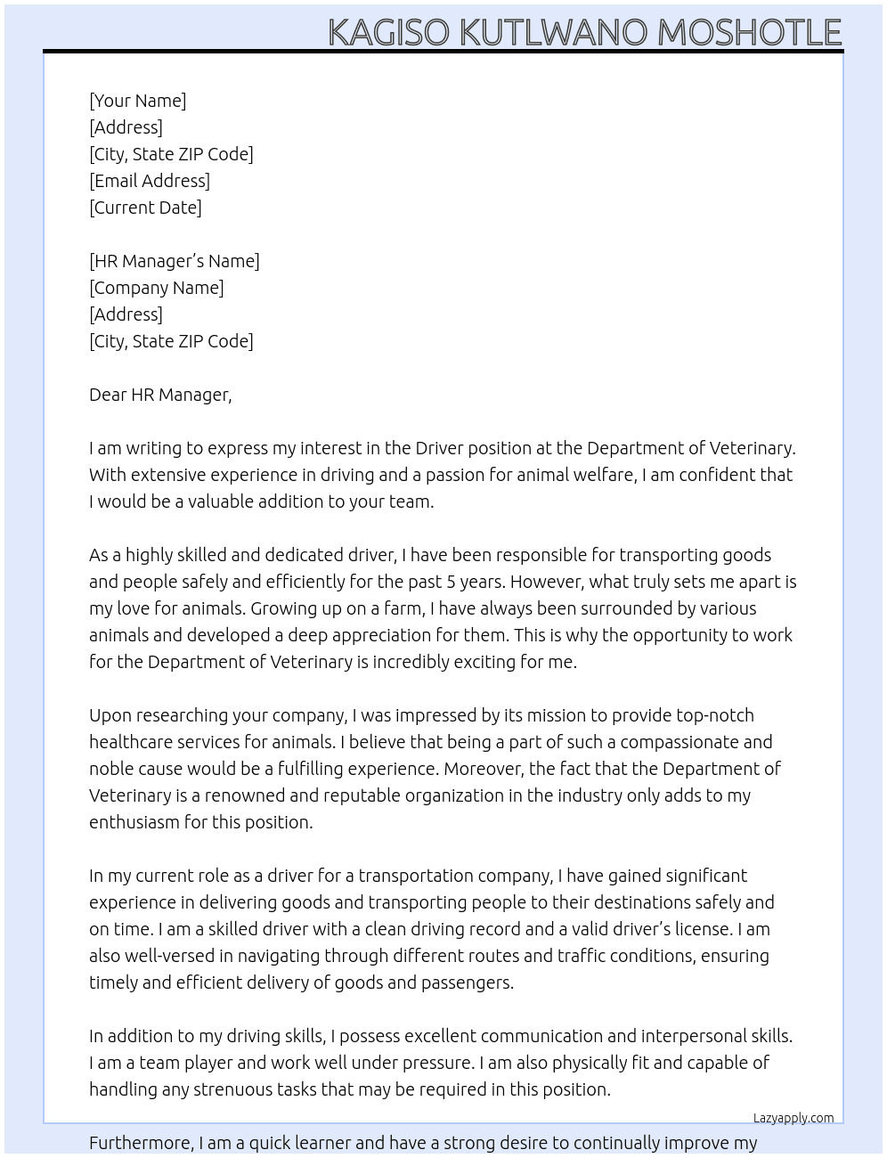 Driver  At Department of Veterinary Cover Letter