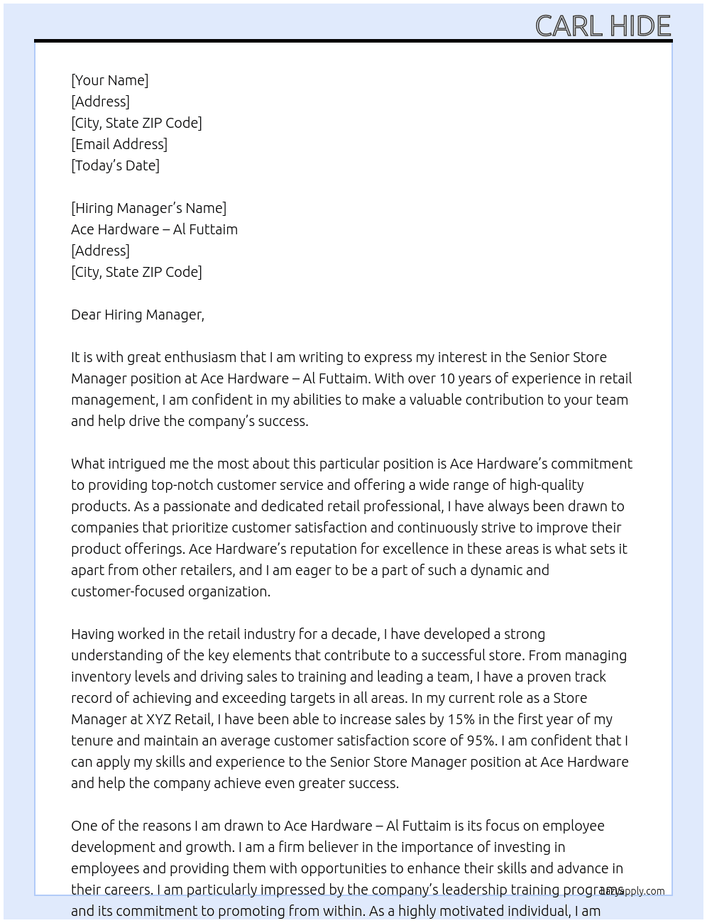 Senior Store Manager At Ace Hardware - Al Futtaim Cover Letter