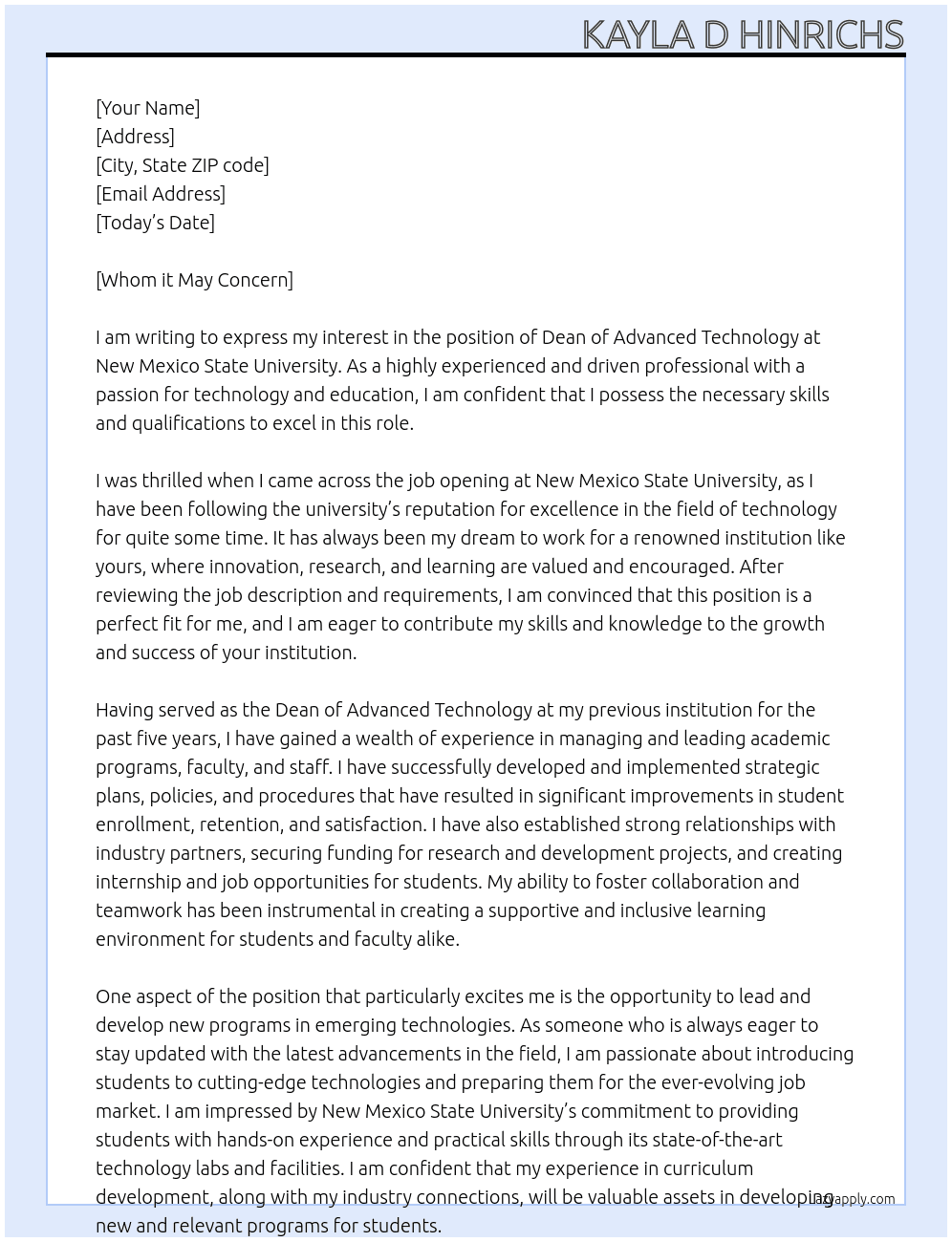 Dean, advanced technology At New Mexico State University  Cover Letter