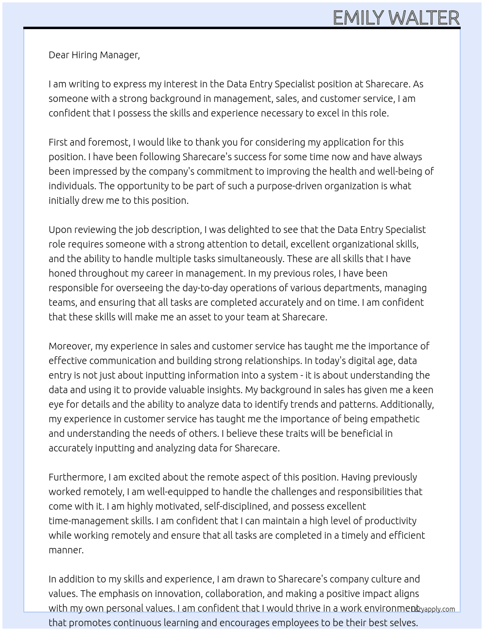 Data Entry Specialist  At Sharecare  Cover Letter