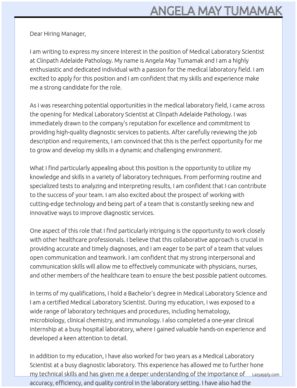 Medical Laboratory Scientist At Clinpath Adelaide Pathology Cover Letter