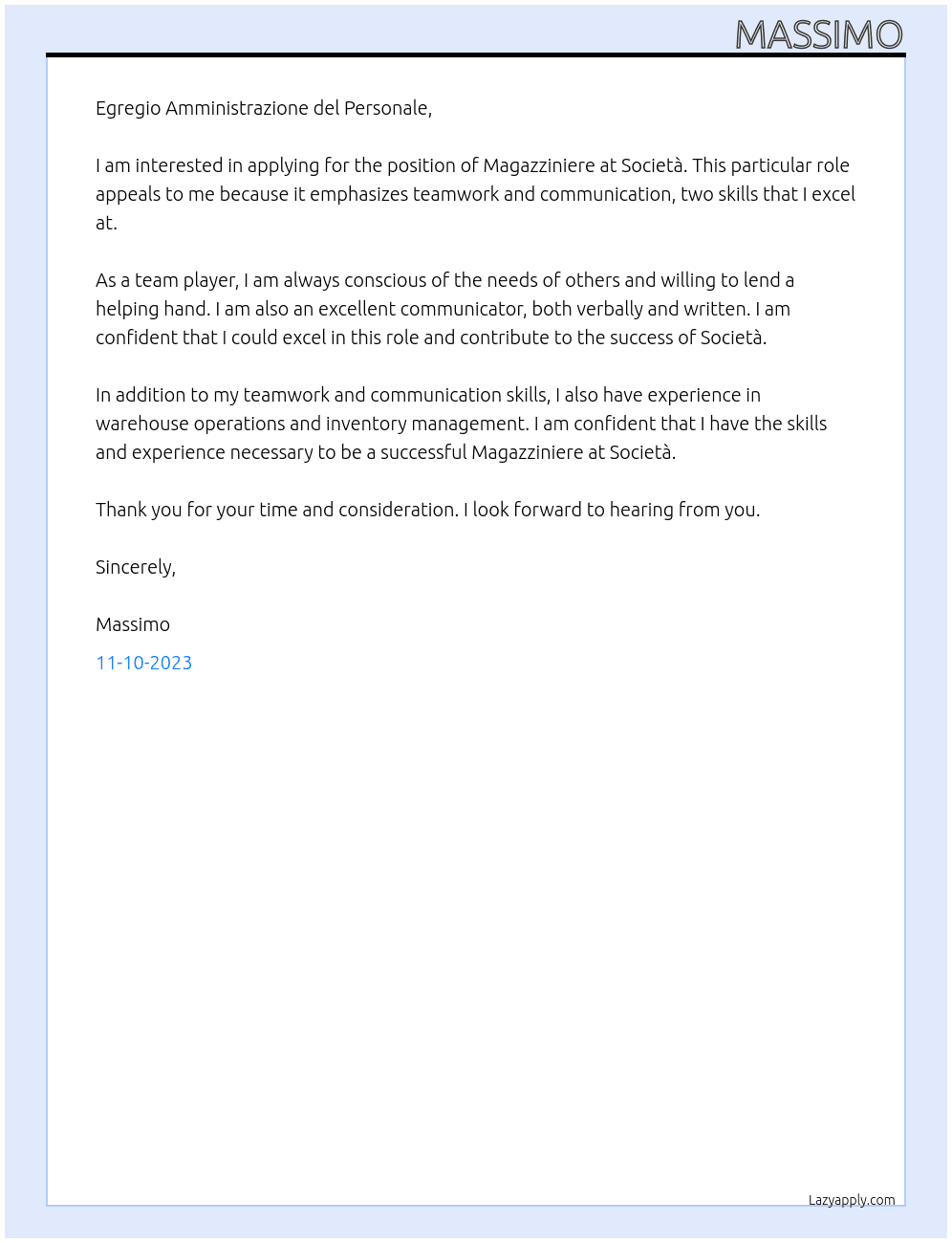Magazziniere At Società Cover Letter