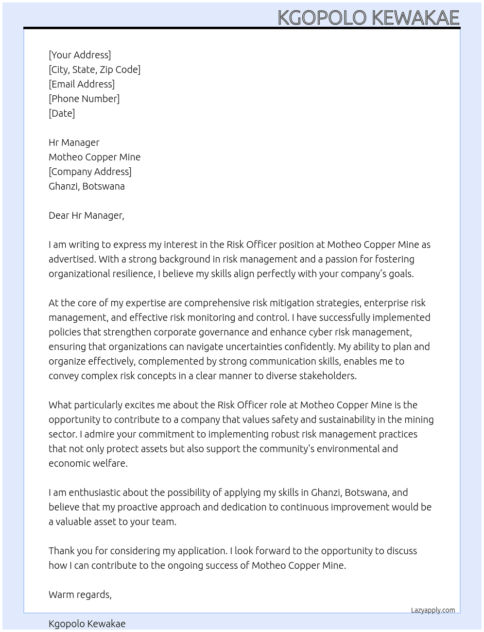 Risk Officer At Motheo Copper Mine Cover Letter