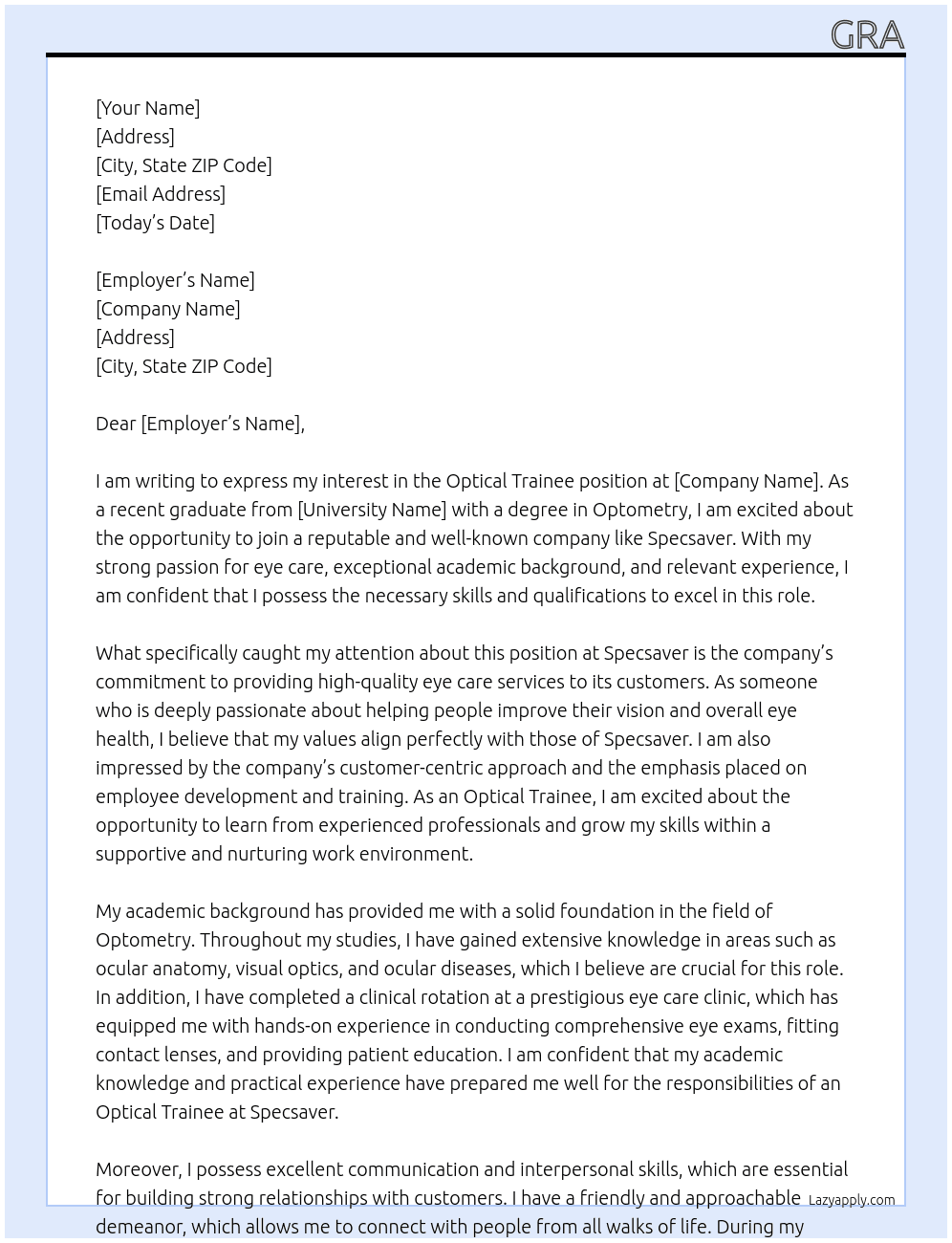 optical trainee At specsaver Cover Letter