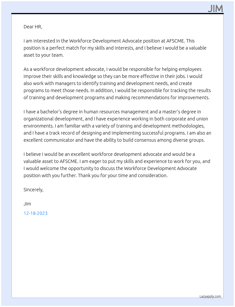 Workforce Development Adovocate At AFSCME Cover Letter