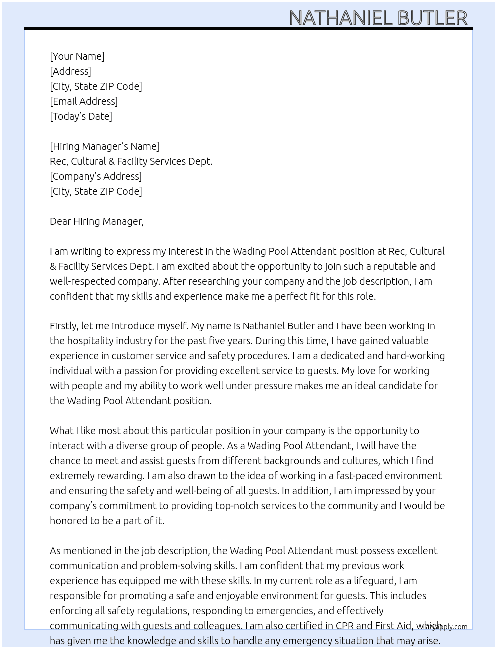 Wading Pool Attendant At Rec, Cultural & Facility Services Dept. Cover Letter