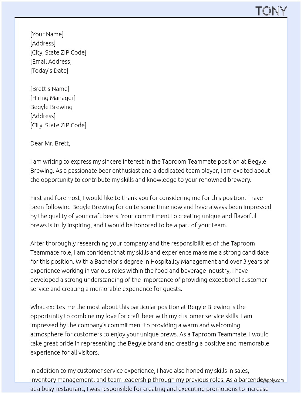 Taproom Teammate At Begyle Brewing Cover Letter