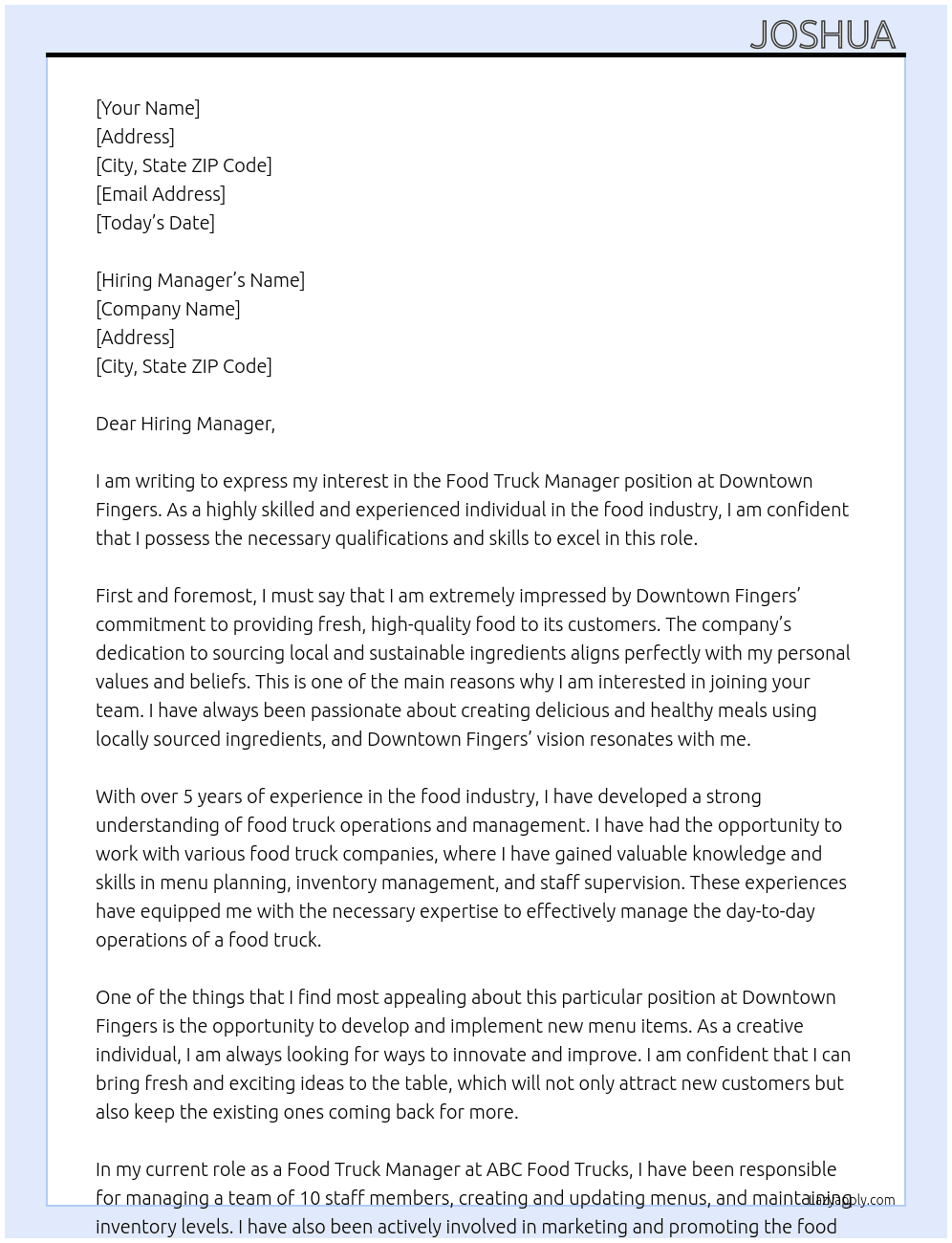 Food Truck Manager  At Downtown Fingers  Cover Letter