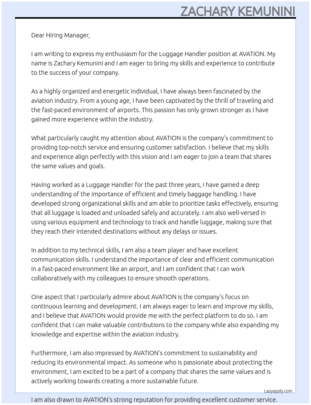 LUGGAGE HANDLER At AVATION Cover Letter