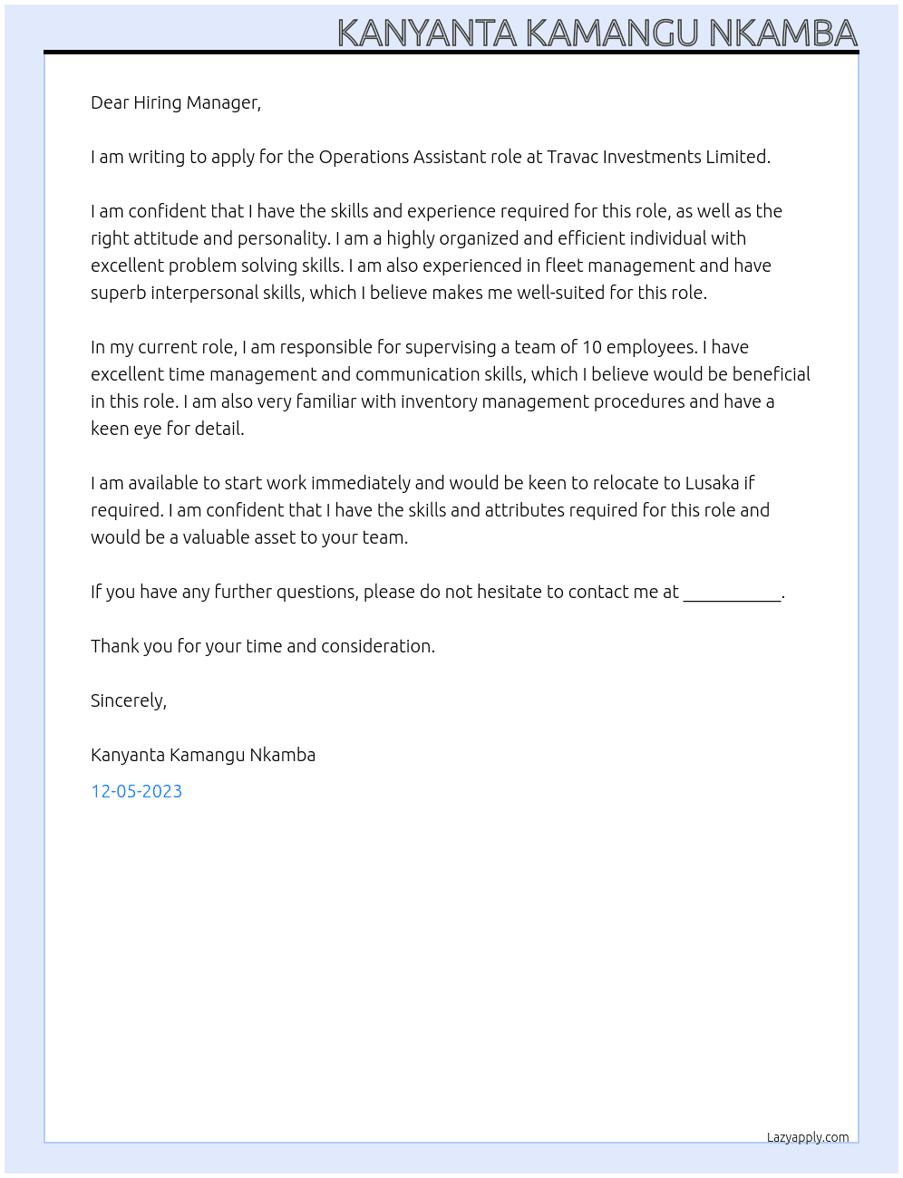 operations Assistant At Travac Investments Limited Cover Letter