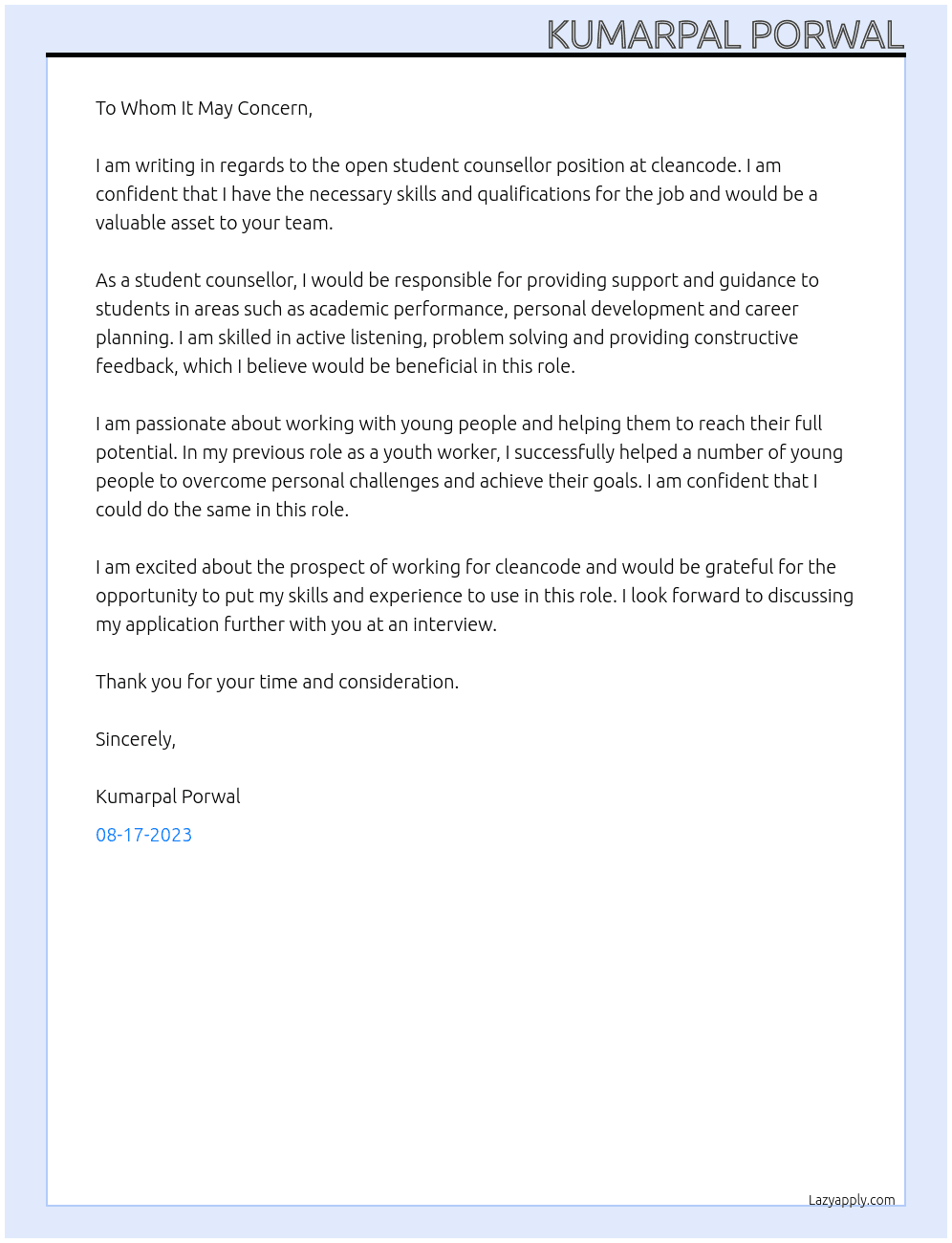 student counsellor At cleancode Cover Letter