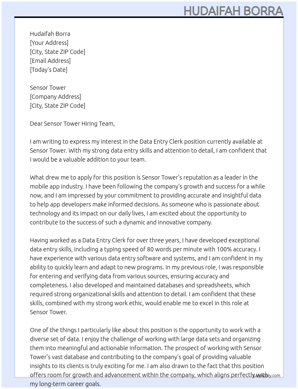 Data Entry Clerk At Sensor Tower Cover Letter