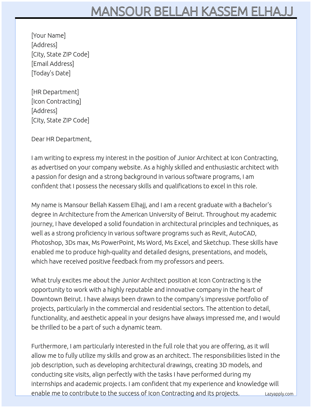 Junior Architect  At Icon Contracting  Cover Letter