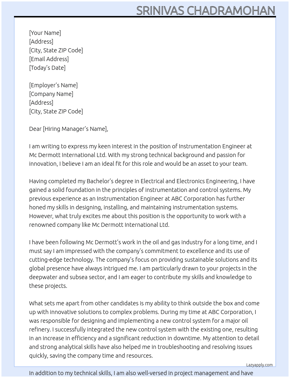 Instrumentation Engineer At Mc Dermott Inetrnational Ltd Cover Letter