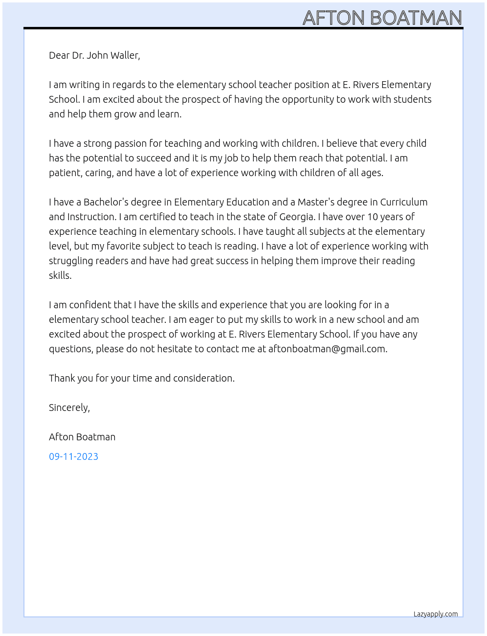 Elementary School Teacher At E. Rivers Elementary School Cover Letter