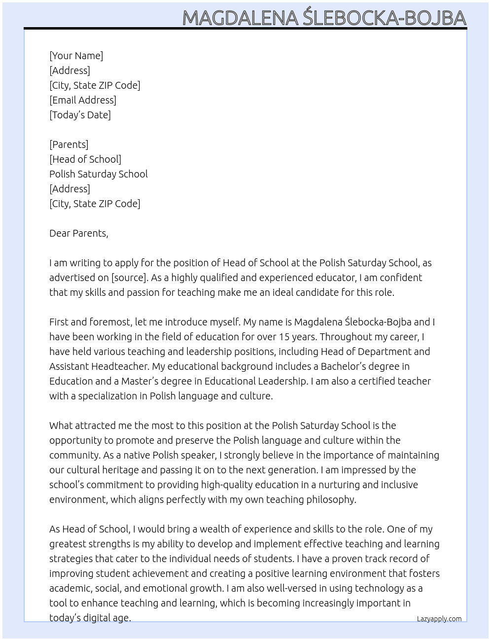 Head of school At Polish Saturday school Cover Letter