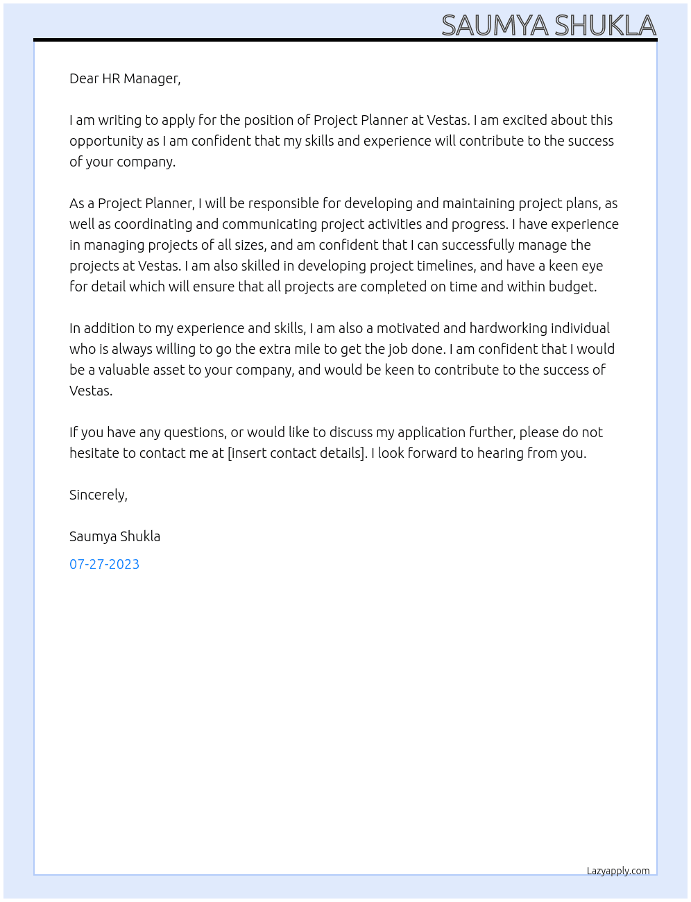 Project Planner At Vestas Cover Letter