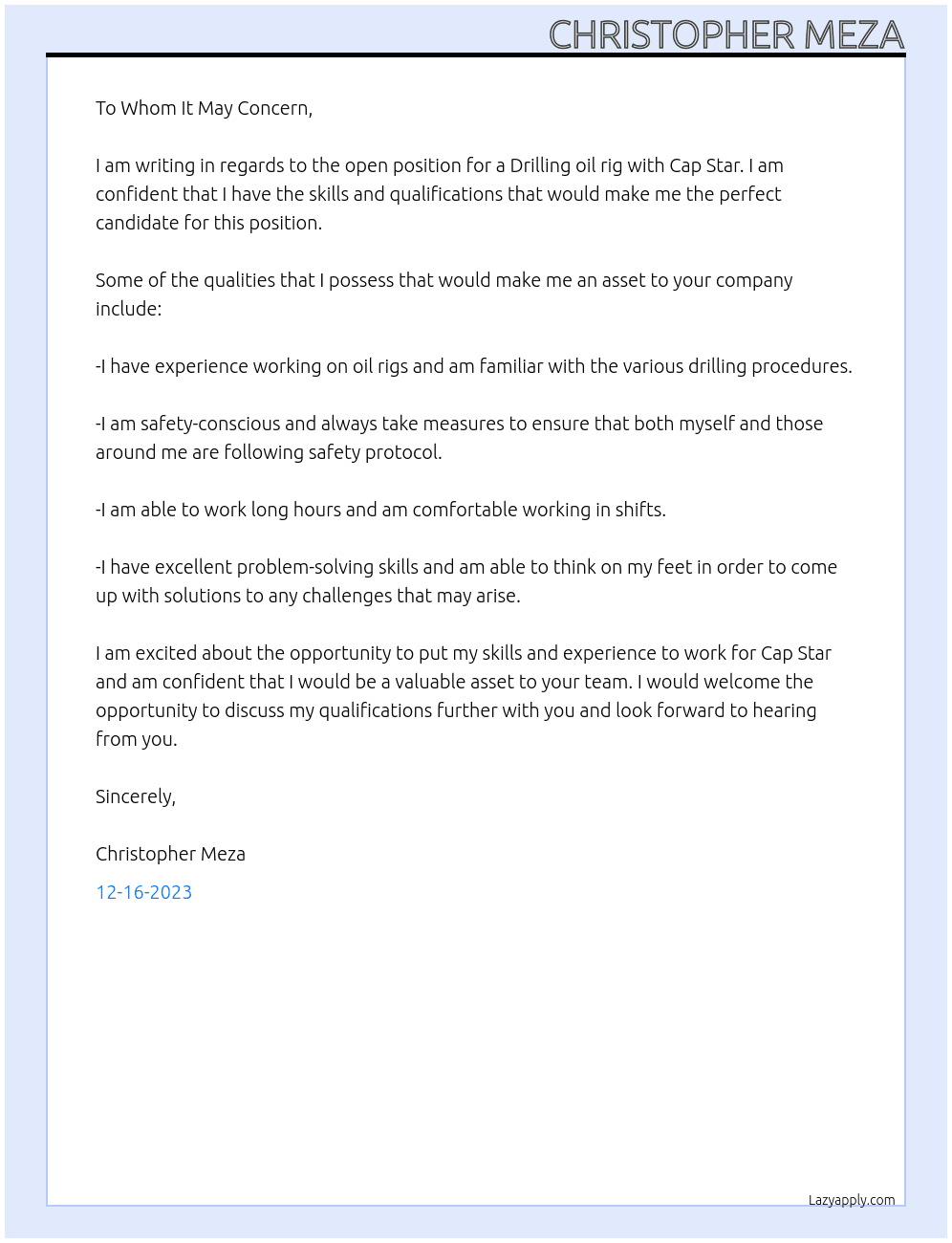 Drilling oil rig At Cap Star Cover Letter
