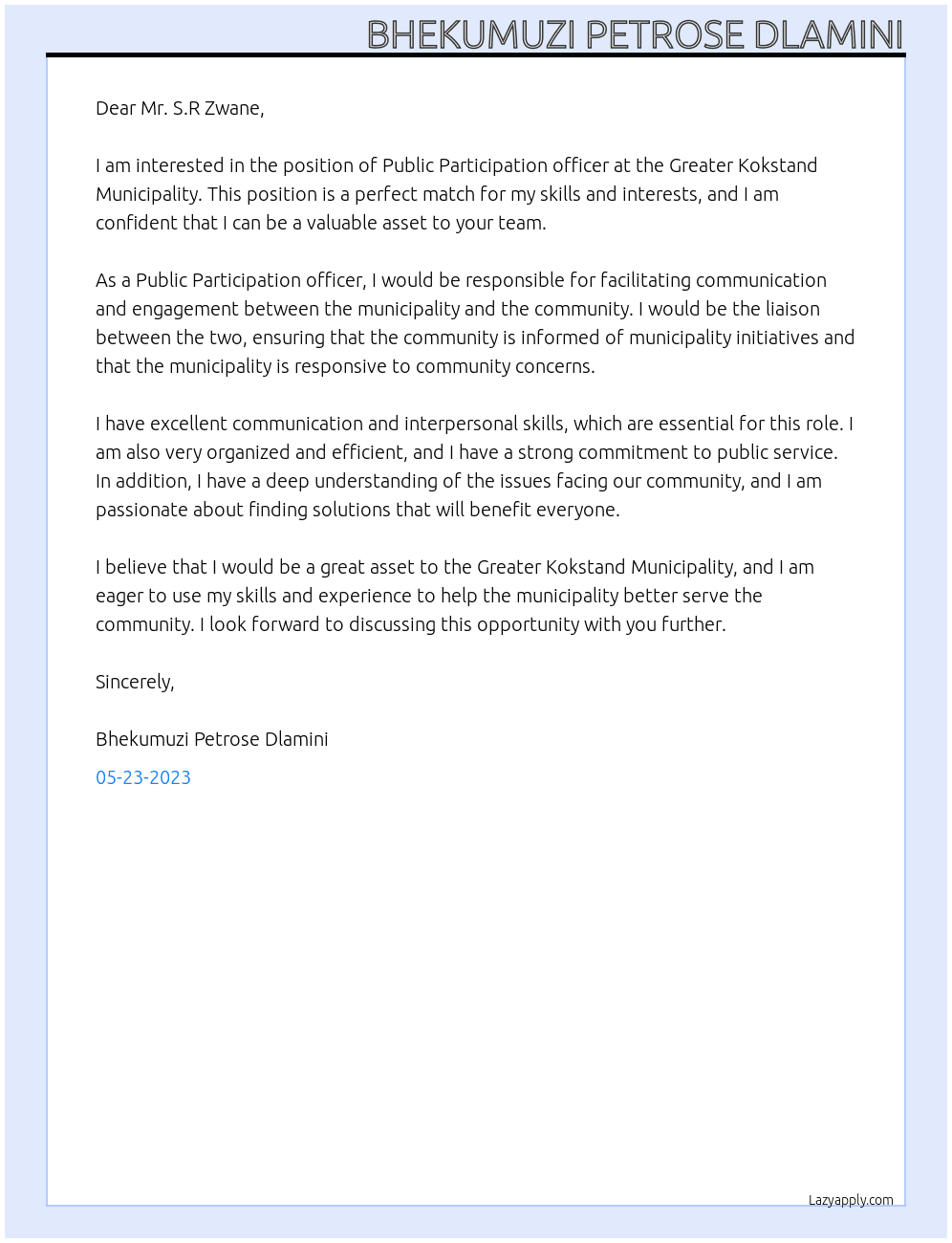Public Participation officer At Greater Kokstand Municipality  Cover Letter