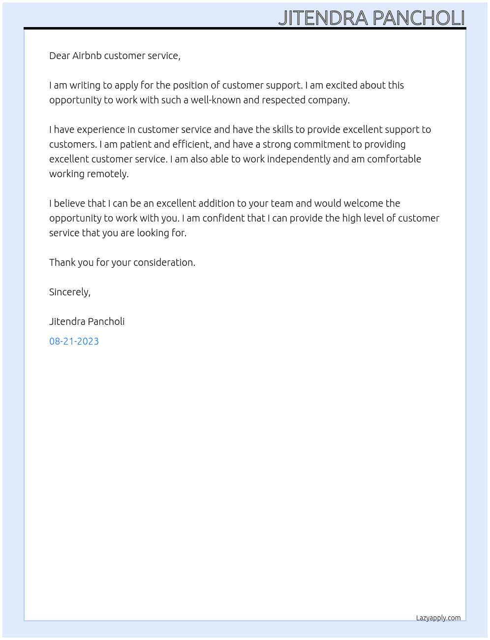 Coustomer Support  At Airbnb customer service Cover Letter