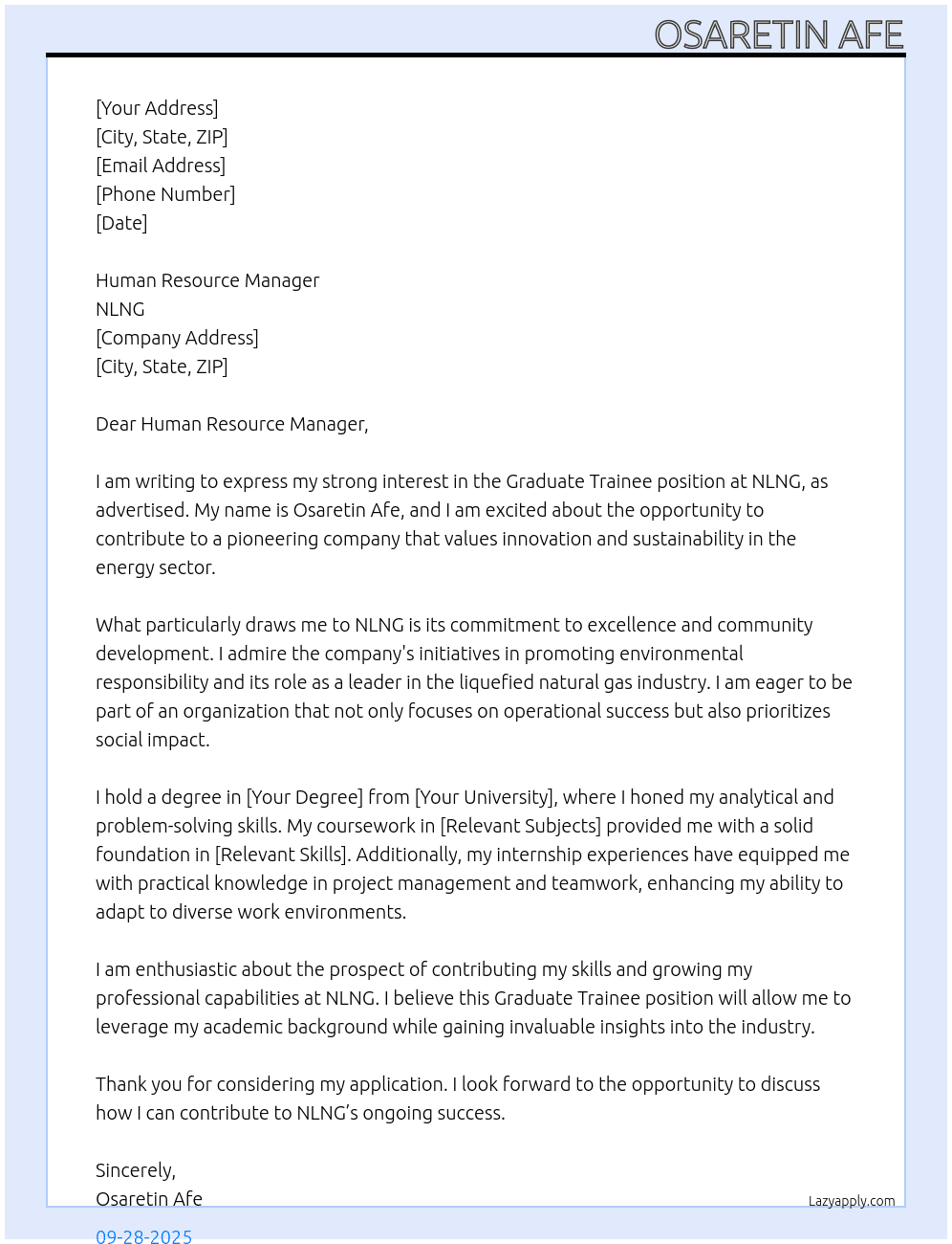graduate trainee At NLNG Cover Letter