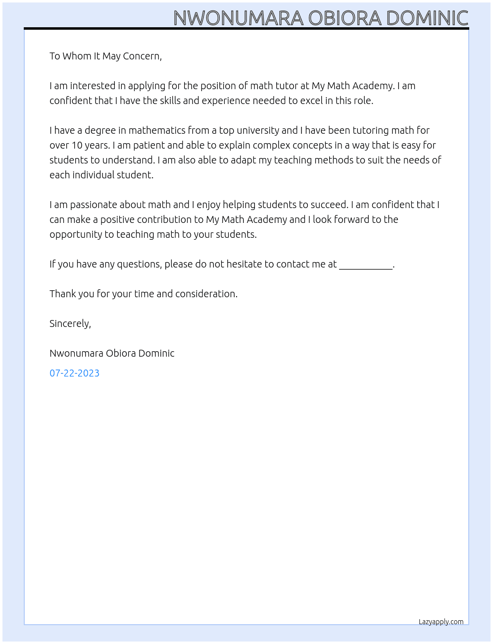 Math tutor At My math Academy  Cover Letter