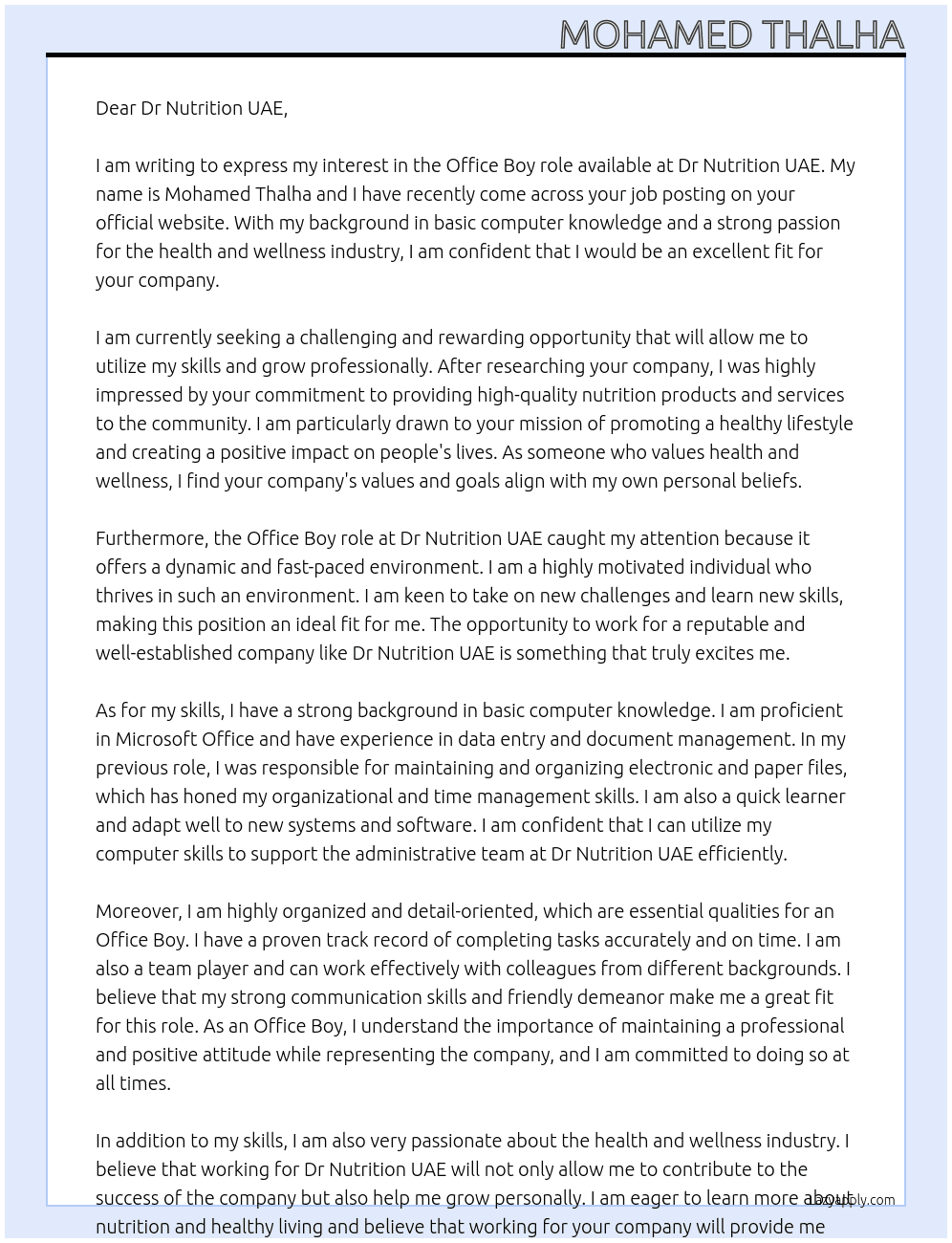 office boy At Dr Nutrition UAE Cover Letter