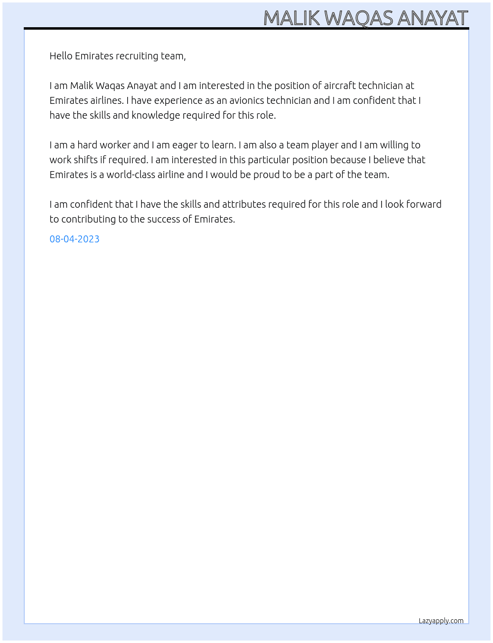 Aircraft technician  At Emirates airlines  Cover Letter