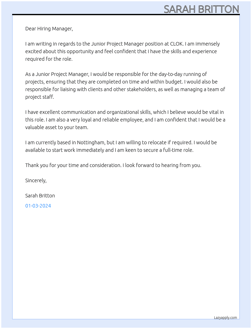 Junior Project Manager At CLOK Cover Letter
