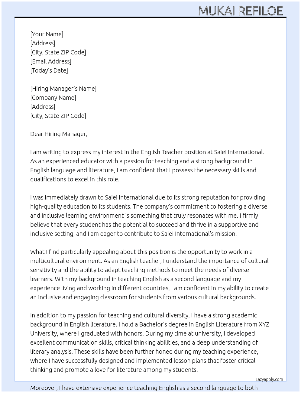 English Teacher At Saiei International  Cover Letter