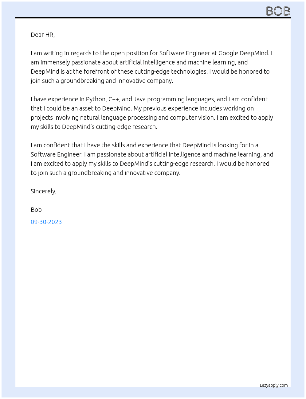 Software Engineer At Google DeepMind Cover Letter
