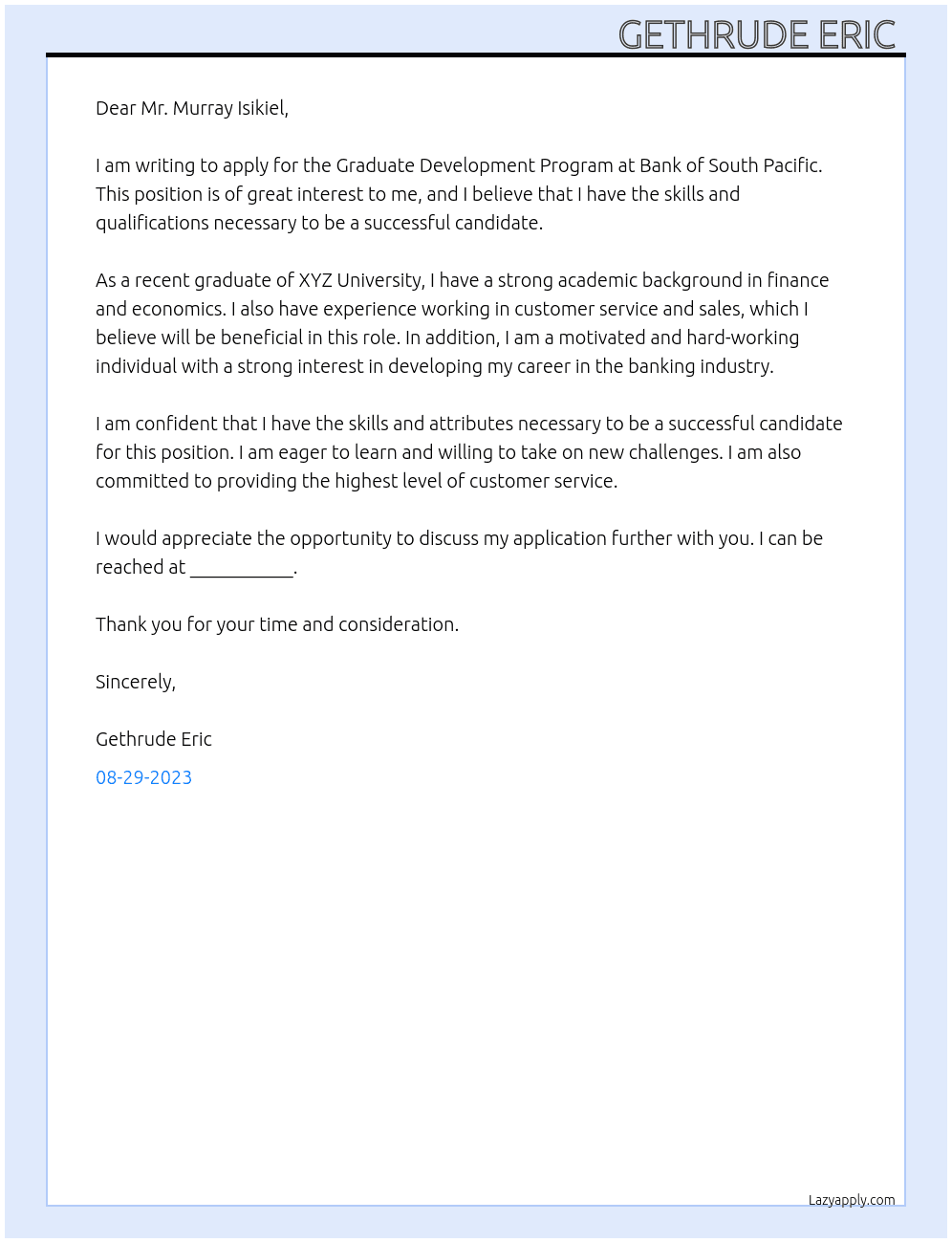 Graduate Development Program  At Bank of South Pacific  Cover Letter