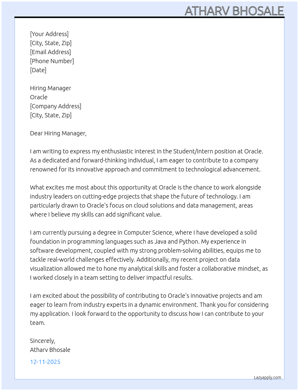 Cover letter for student/intern - LazyApply