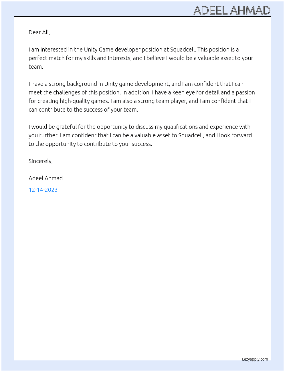 Unity Game developer At squadcell Cover Letter
