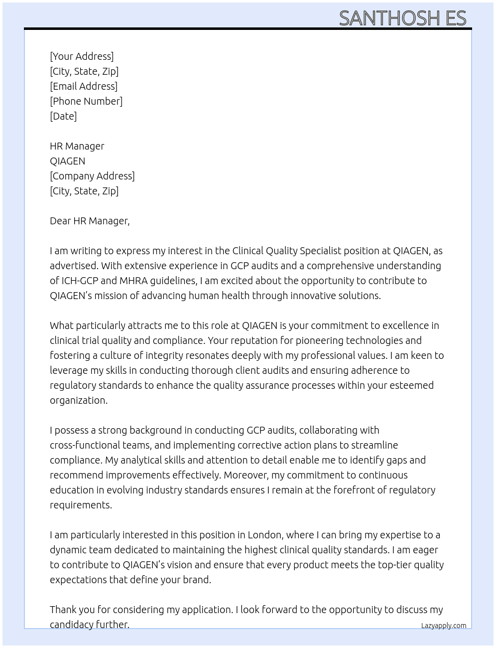 Clinical quality specialist At QIAGEN Cover Letter