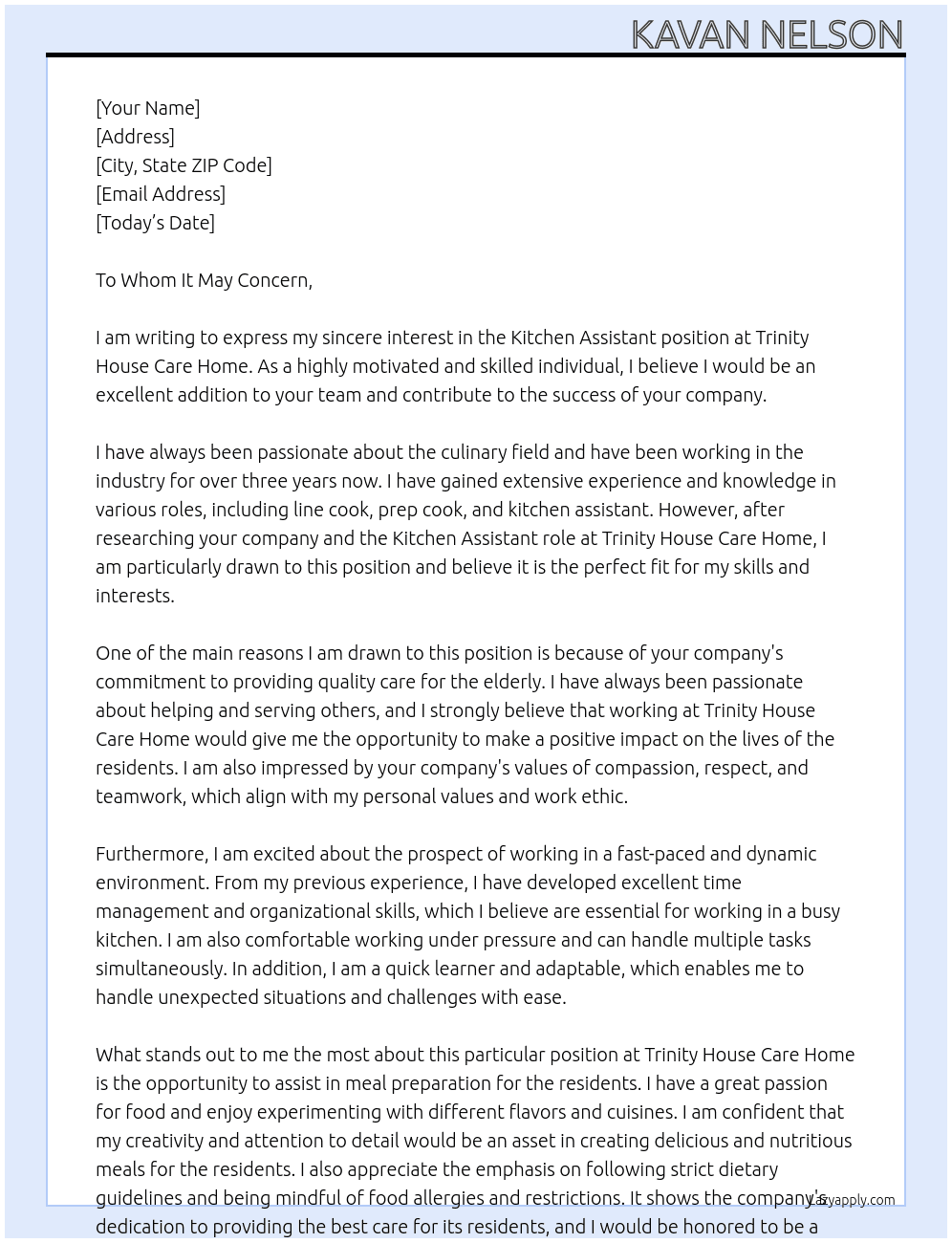 Kitchen Assistant At Trinity House Care Home Cover Letter