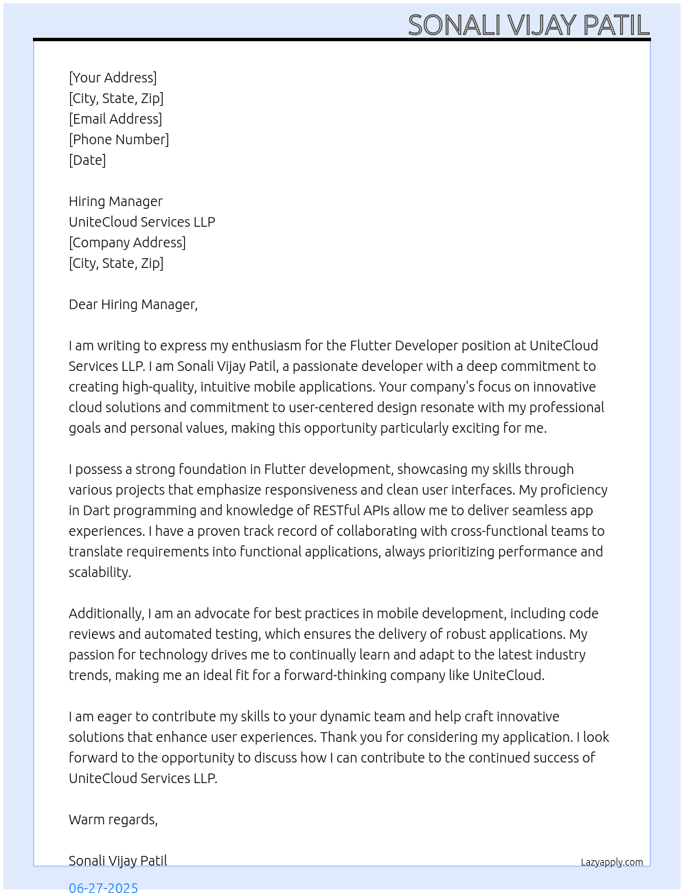 Flutter Developer At UniteCloud services LLP Cover Letter