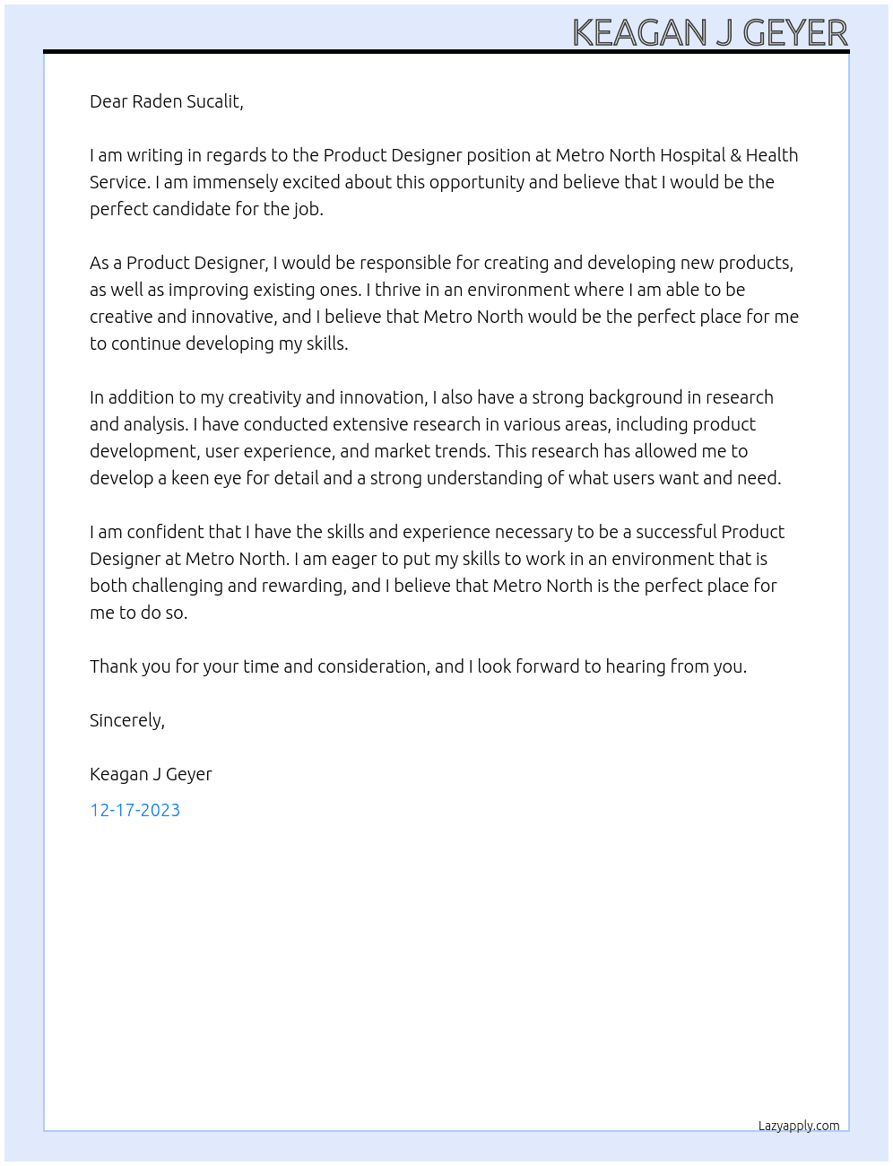 Product Designer At Metro North Hospital & Health Service Cover Letter
