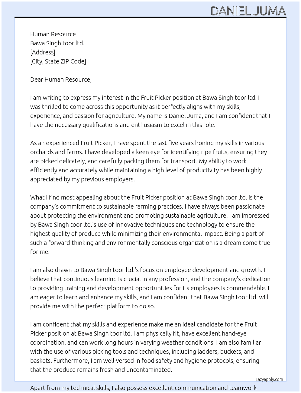 Fruit Picker At 	Bawa Singh toor ltd. Cover Letter