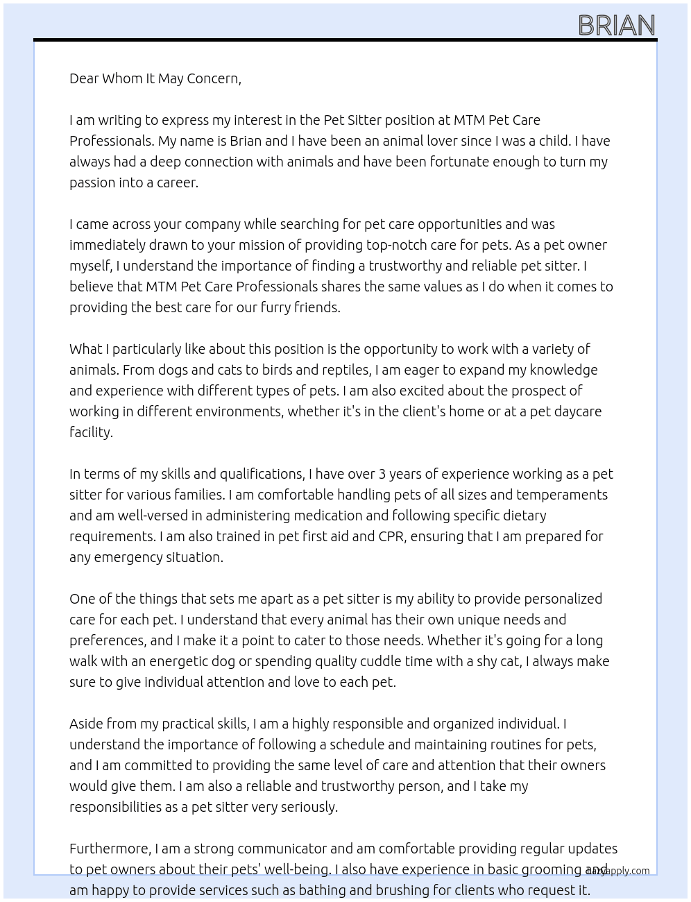 Pet sitter At MTM Pet Care Professionals Cover Letter