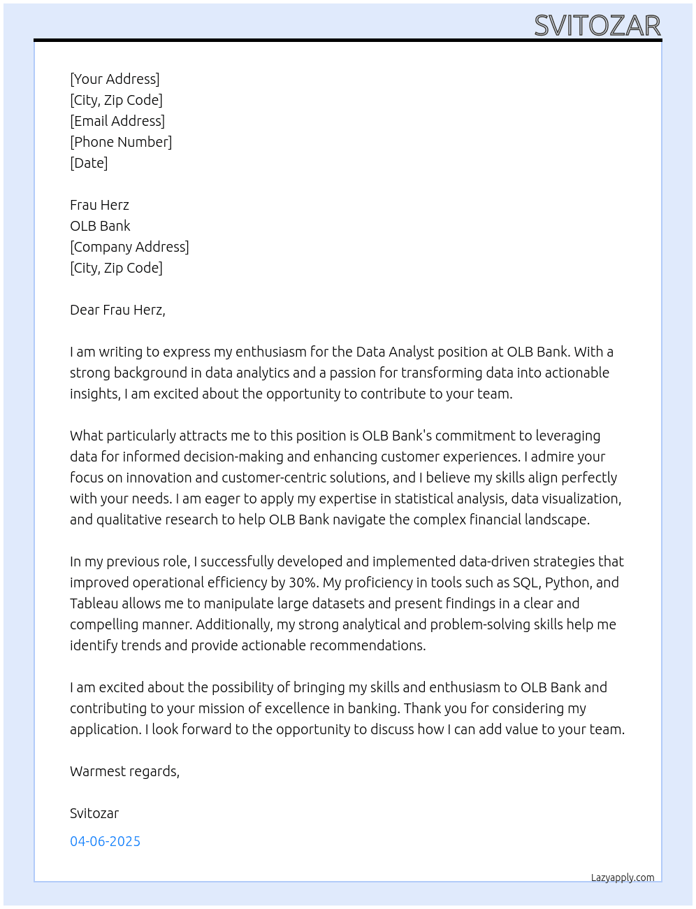 DATA ANALYST At OLB Bank Cover Letter