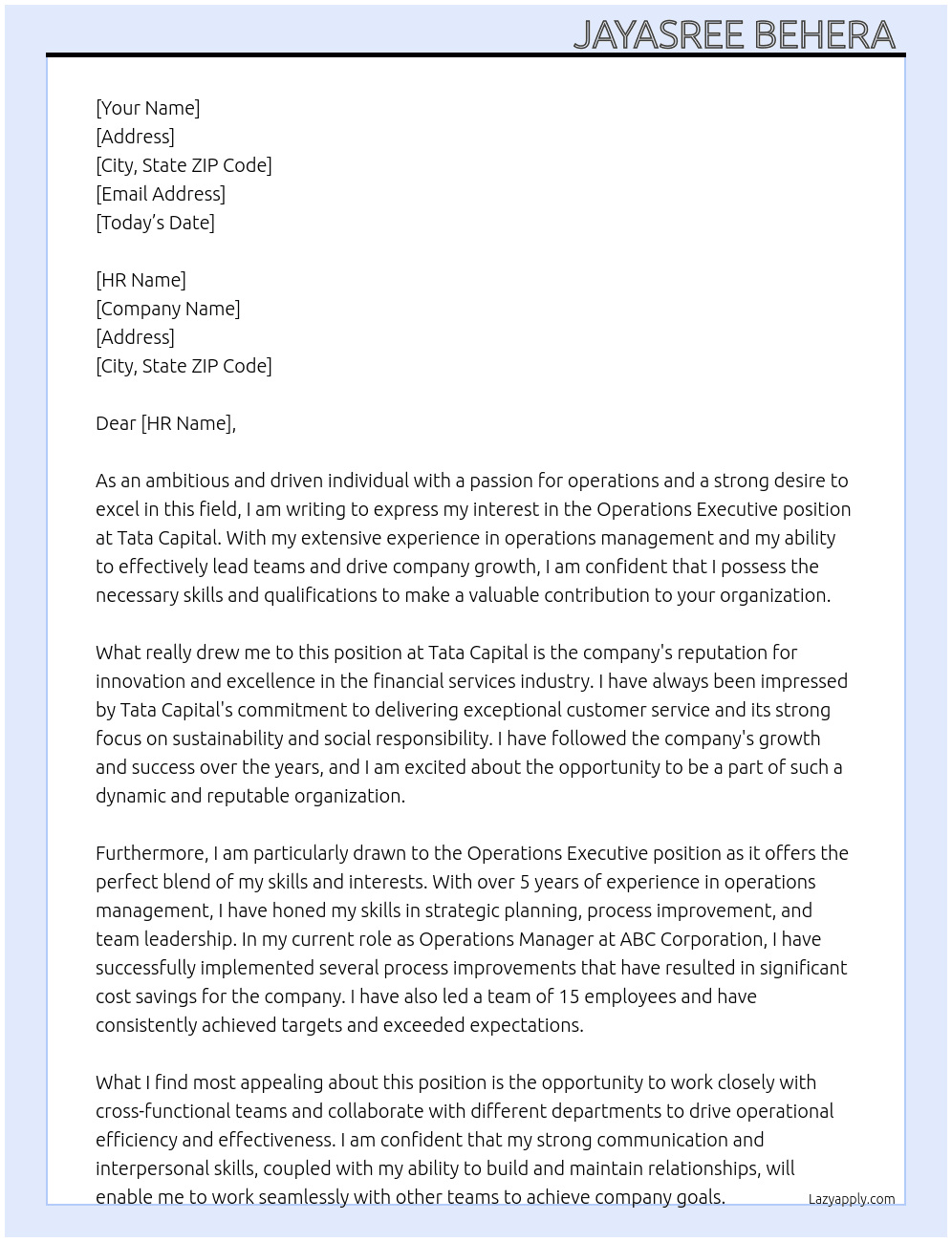 Operations executive  At Tata capital  Cover Letter